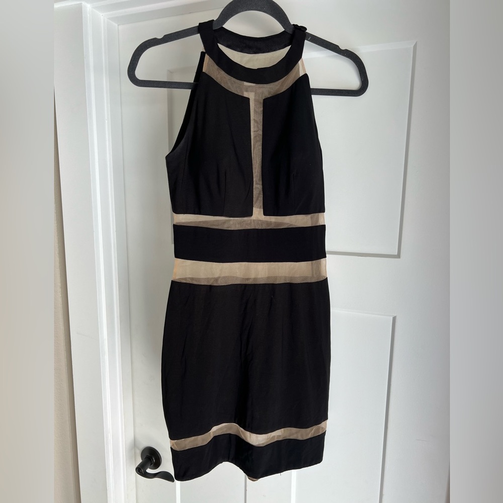 Jovani Black Mini Dress with Beige Contrast Bands
